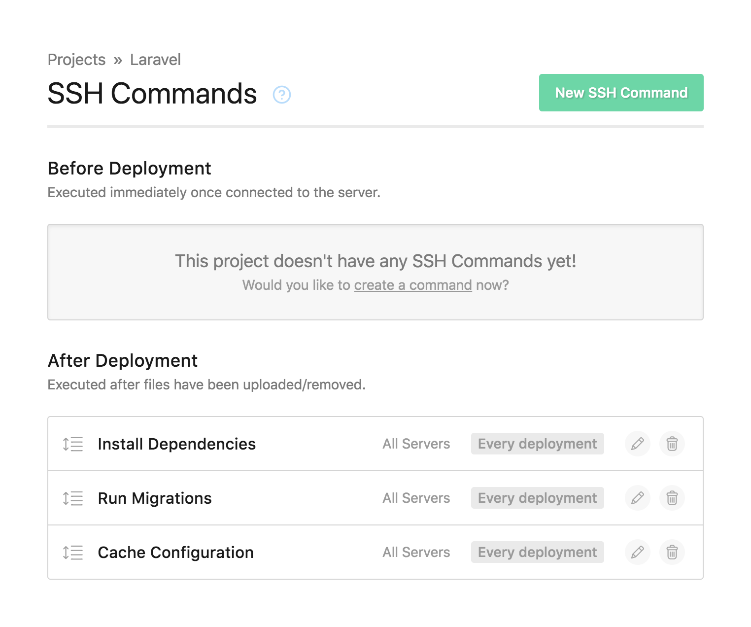 The SSH commands page